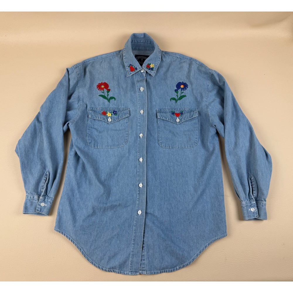 Solutions Small Denim Shirt Cottagecore Floral Embroidered Cotton Light Wash